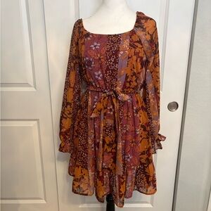 Floral Chiffon Dress in Burgundy and Orange